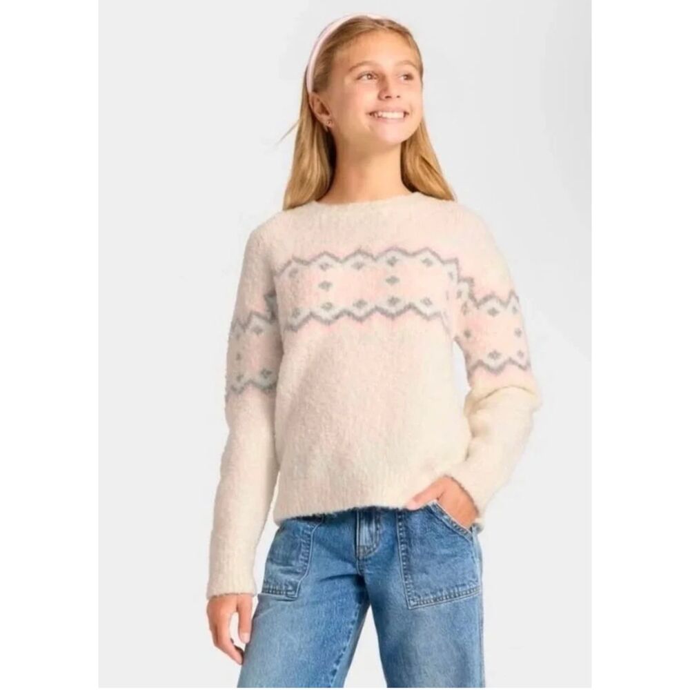 Art Class Girls Fuzzy Fair Isle Sweater Cream Pink Gray Size L 10/12 Cozy Pullov